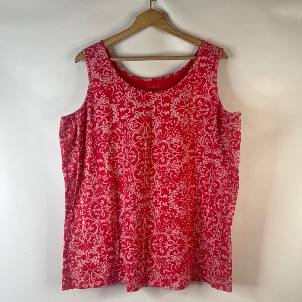 Catherines Tank Top Womens 2X Red White Damask Scroll Scoop Neck Plus Size